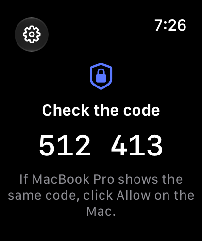 The pairing screen on the watch: Check the code, 512 413.
